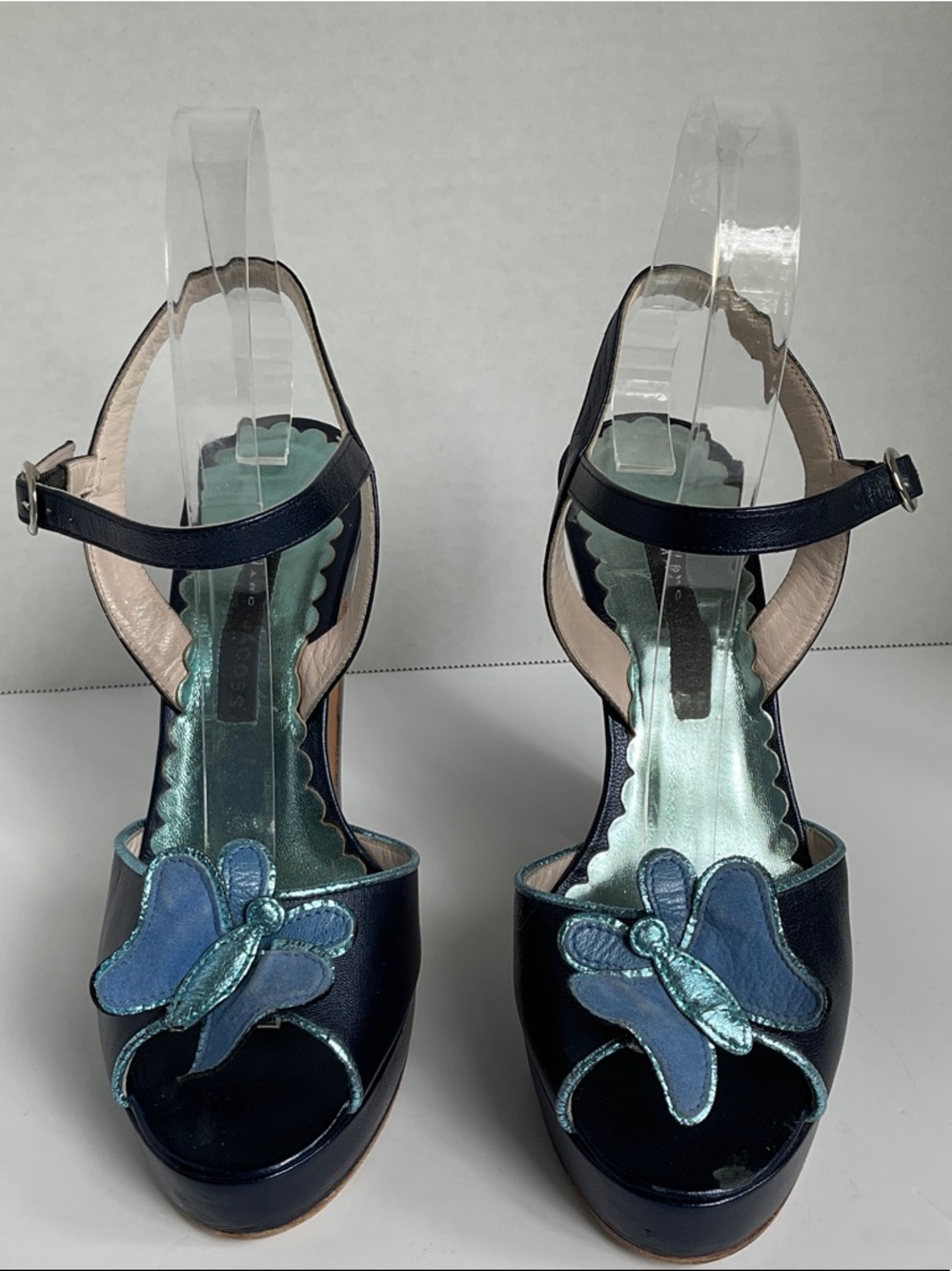 Marc Jacobs Navy Platform Slingback Heels with Teal Butterfly Appliqué